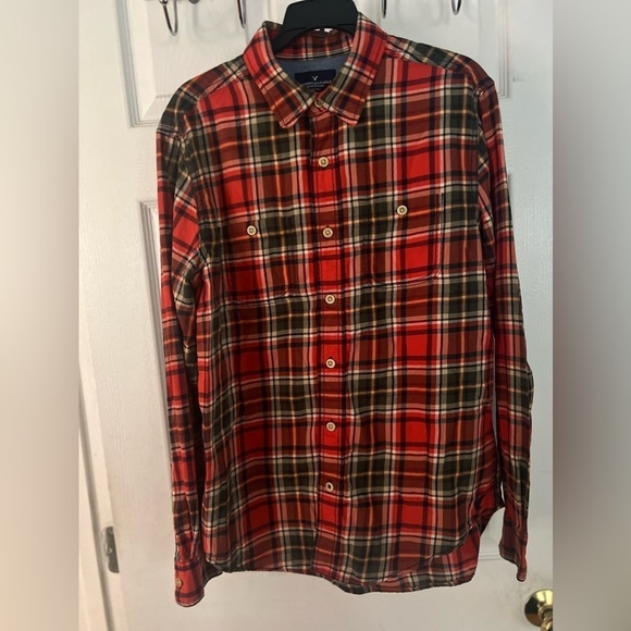 American Eagle Outfitters Orange/Green Plaid Flannel Button Down Shirt Men’s Med - Picture 2 of 8